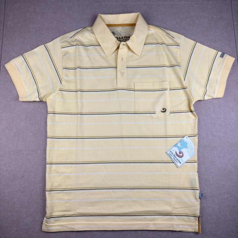 Saltwater Surf Co Polo Shirt Men S Yellow Striped Cotton Casual Beach Style‎